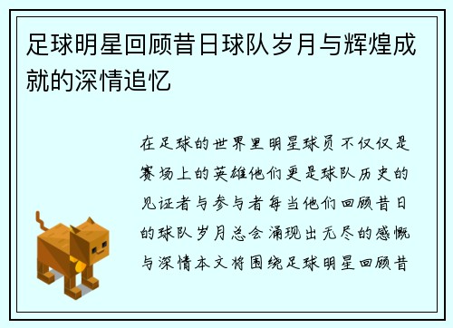 足球明星回顾昔日球队岁月与辉煌成就的深情追忆