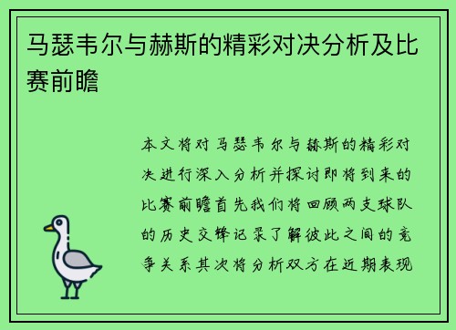 马瑟韦尔与赫斯的精彩对决分析及比赛前瞻